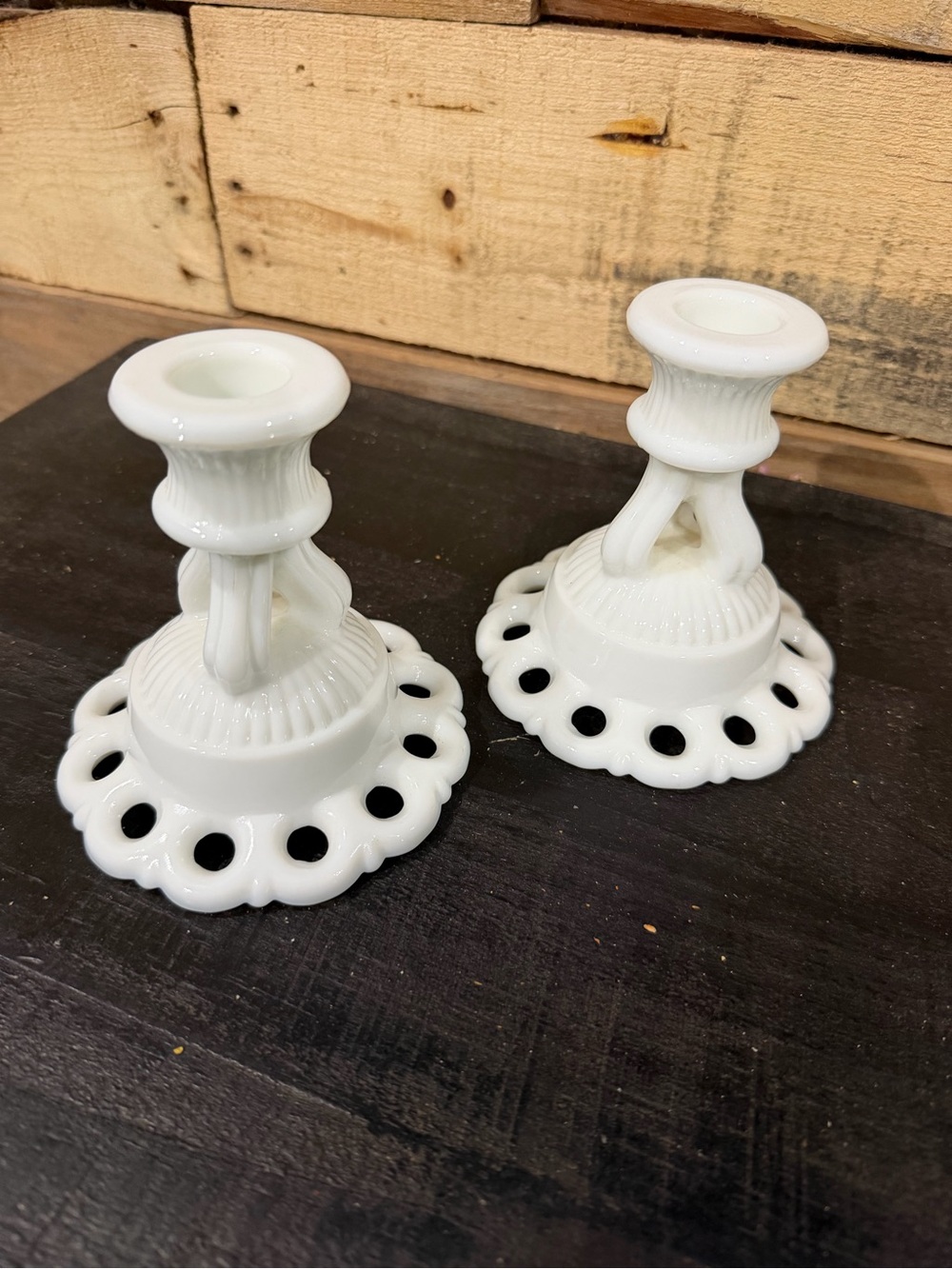Westmoreland White Milk Glass Scalloped Pair Candle Holders